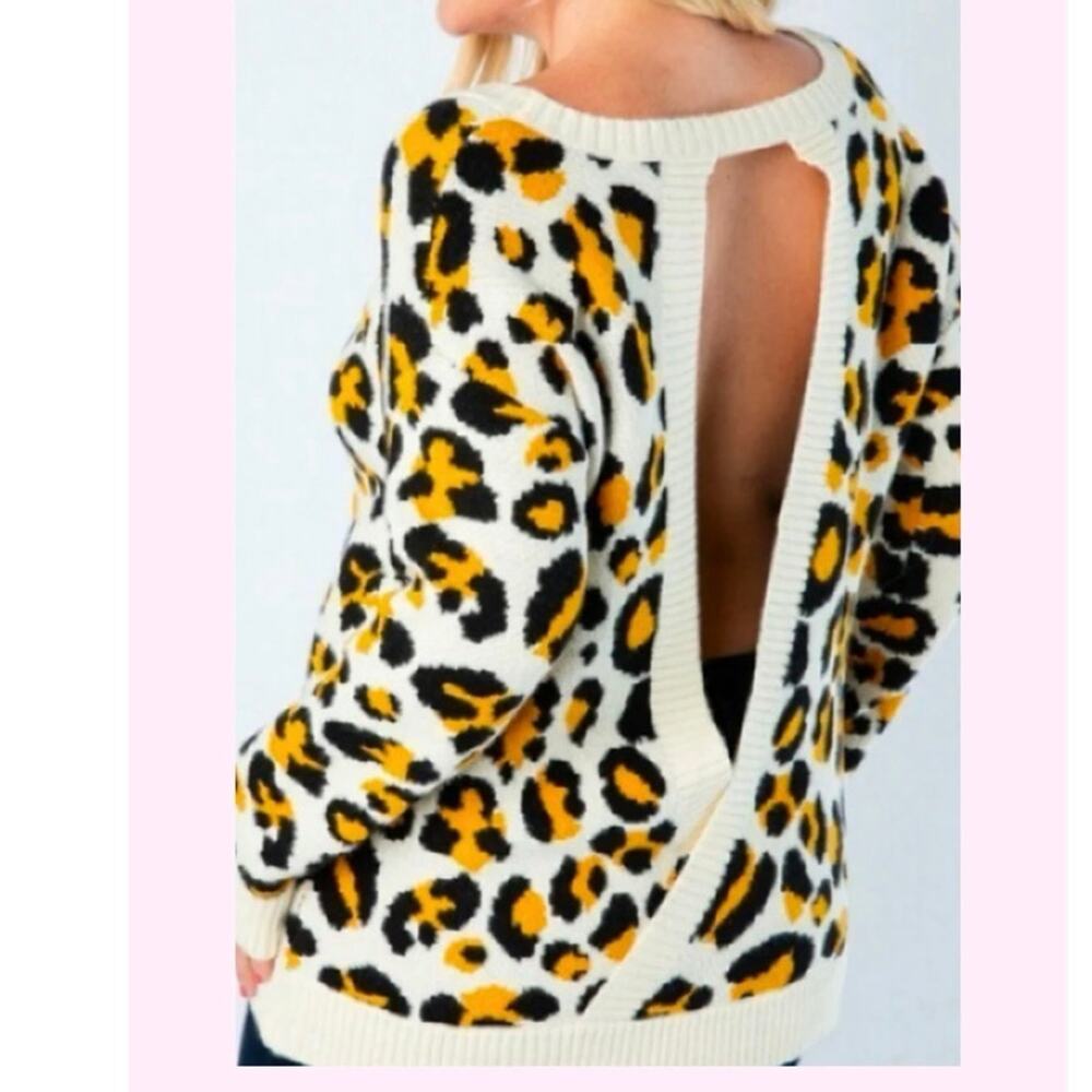 Cozy Casual Leopard Cheetah Print Open Back Sweater 1X Oversized Soft